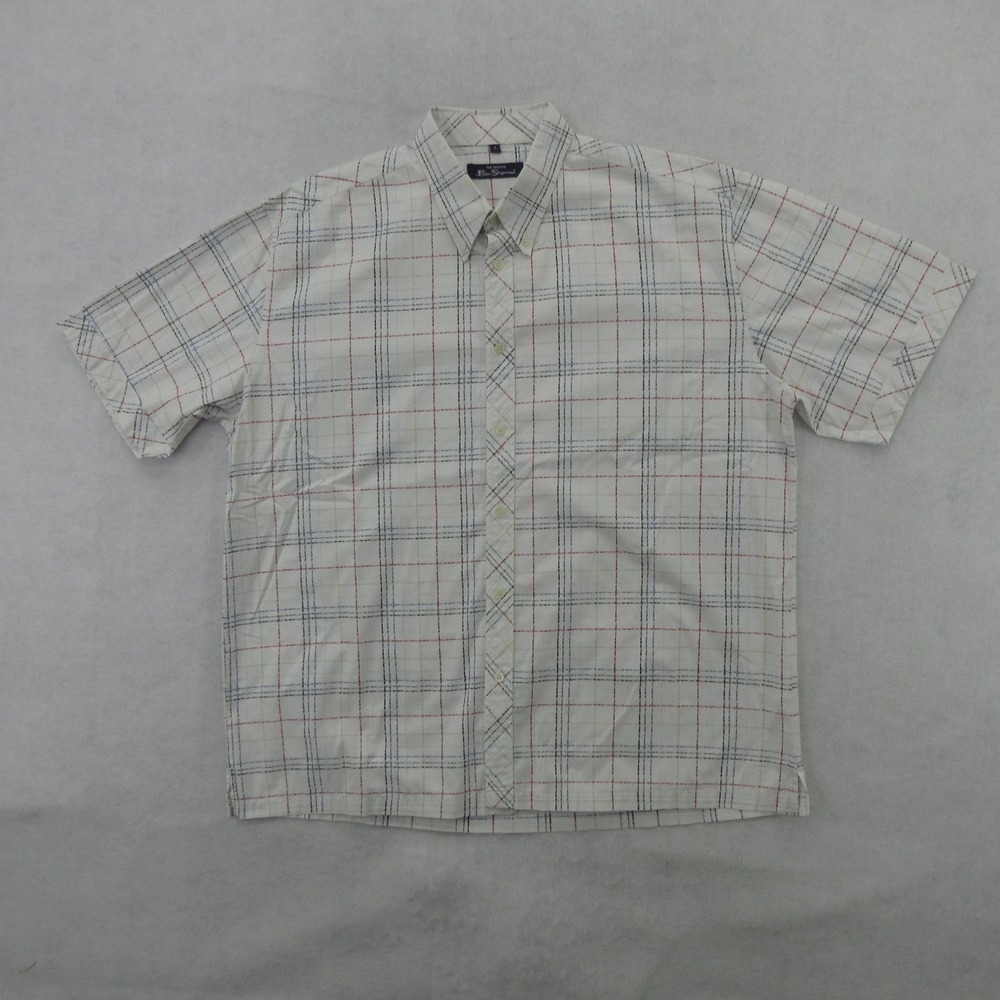 Ben Sherman Shirt Mens XL White Plaid 100% Cotton Short Sleeve Button Up Casual